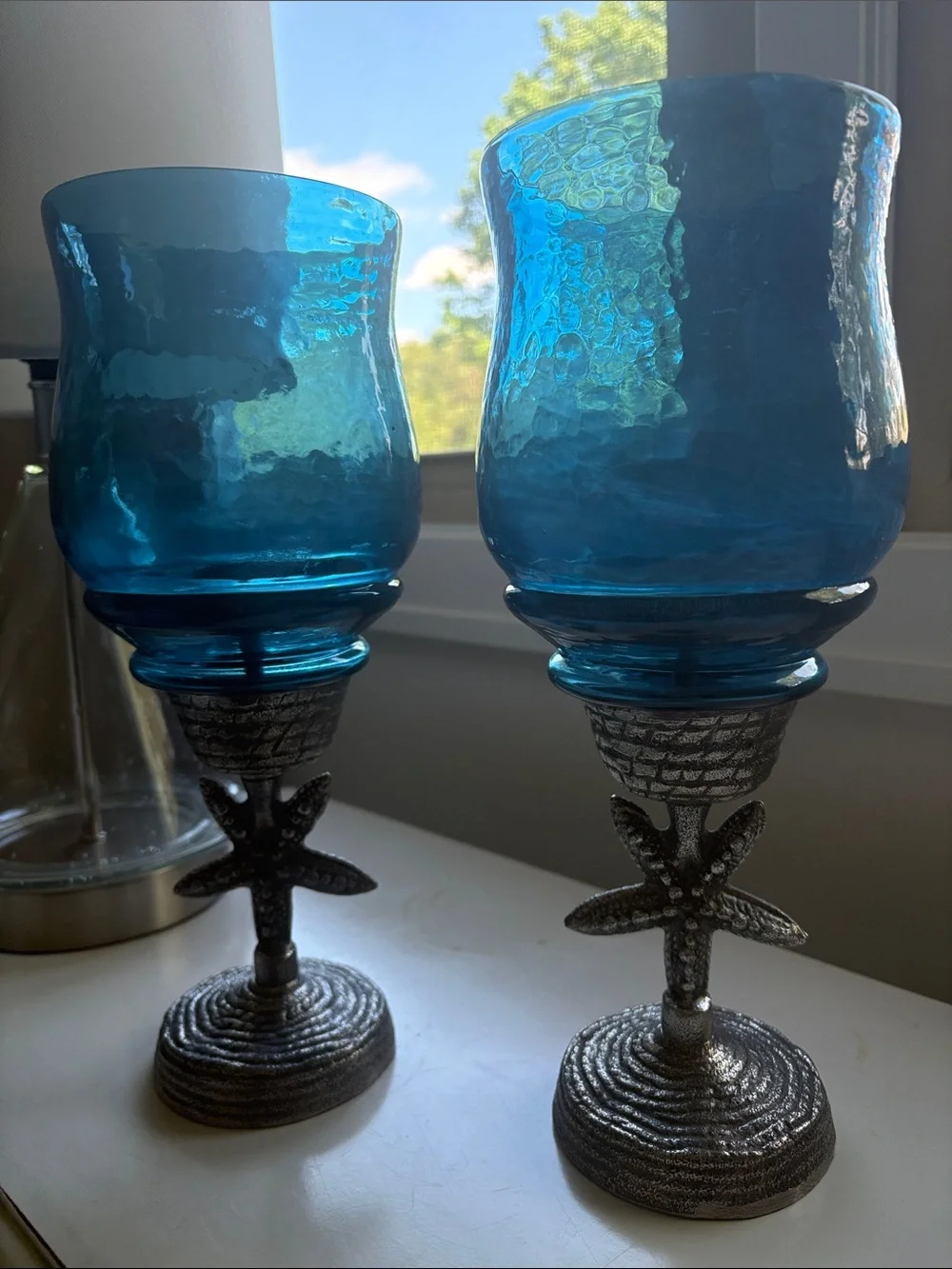 Pier 1 Pair of Ocean Blue Glass Hurricane Starfish Cast Metal Candle Holders